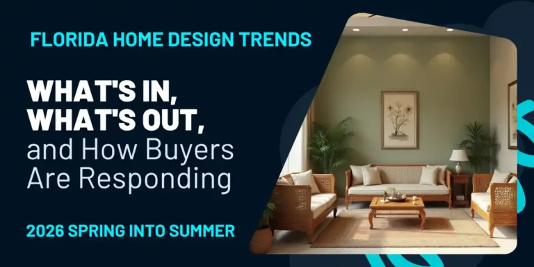 Florida Home Design Trends for Spring shows Living Room with Title