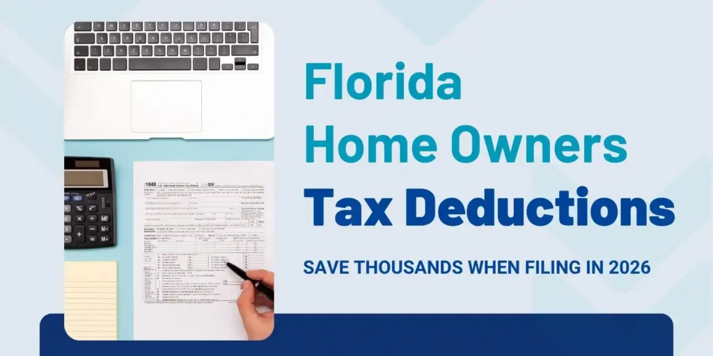 Home Owners Tax Deductions For Florida 2026 Florida Home Owners Tax Deductions Blog Header Gray Background Aqua/Navy Accent Colors Image + Title