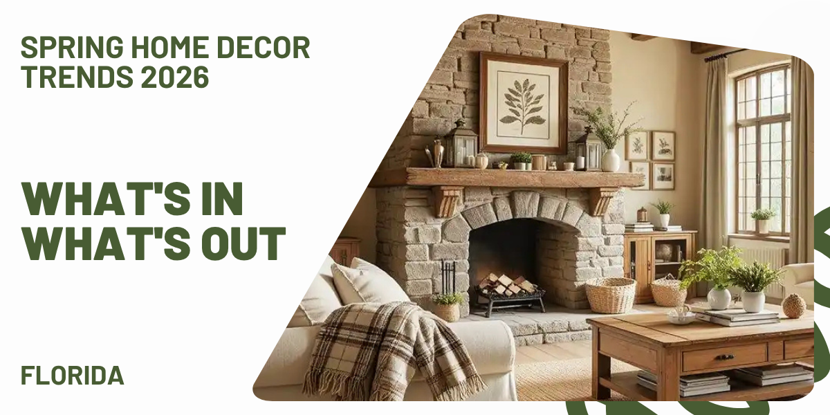 Spring Home Decor Trends 2026 What's In What's Out Title + Farmhouse Living Room